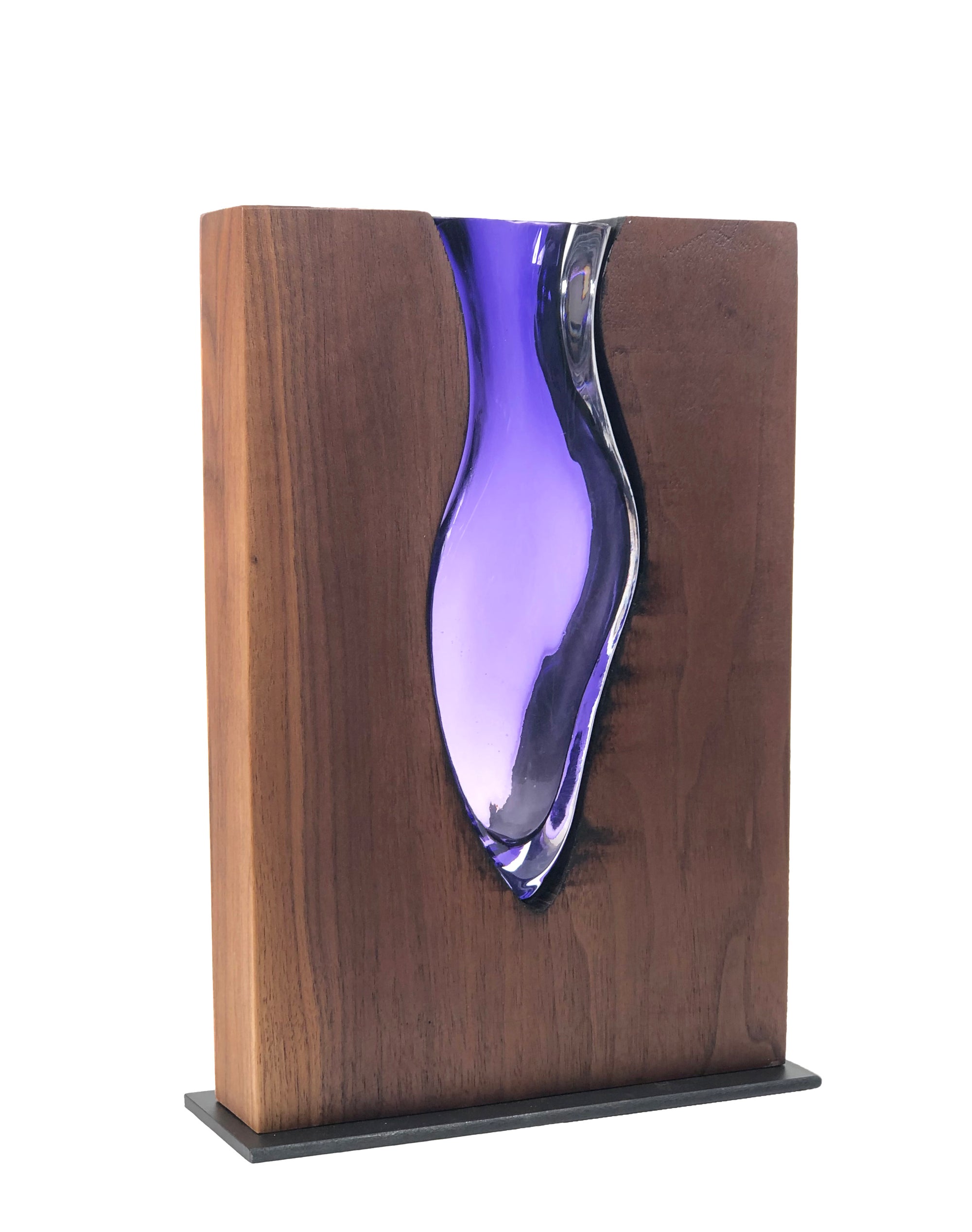 Clean Cut "Walnut Wood" with Hand blown Amethyst Glass "Amphora"
