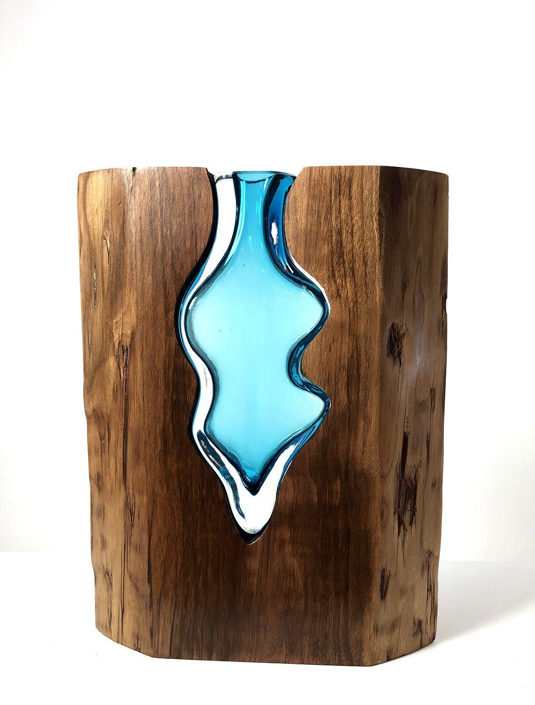 Live Edge Claro Walnut with Handblown Aqua Glass Wood, Glass, Metal Base Scott Slagerman Glass 