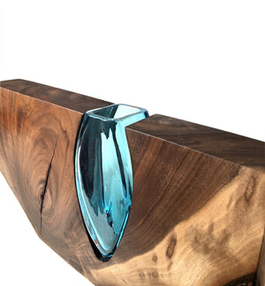 Live Edge Claro Walnut With Handblown Aqua Glass "Aqua Architecture" Wood, Glass, Metal Base Scott Slagerman Glass 