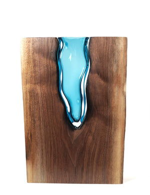 Live Edge Claro Walnut with Handblown Aqua Glass "Lake" Wood, Glass, Metal Base Scott Slagerman Glass 