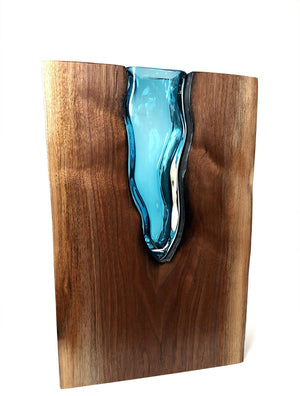 Live Edge Claro Walnut with Handblown Aqua Glass "Lake" Wood, Glass, Metal Base Scott Slagerman Glass 