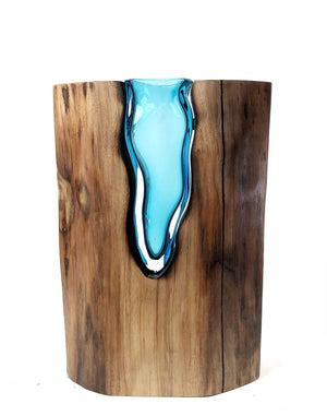 Live Edge Claro Walnut with Handblown Aqua Glass "Lake" Wood, Glass, Metal Base Scott Slagerman Glass 