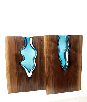 Live Edge Claro Walnut with Handblown Aqua Glass Wood, Glass, Metal Base Scott Slagerman Glass 