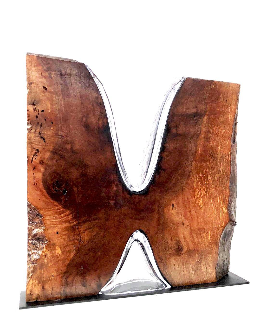 "Butterfly Vase" Handblown Clear Glass with Live Edge Walnut Wood Wood, Glass, Metal Base Scott Slagerman Glass 