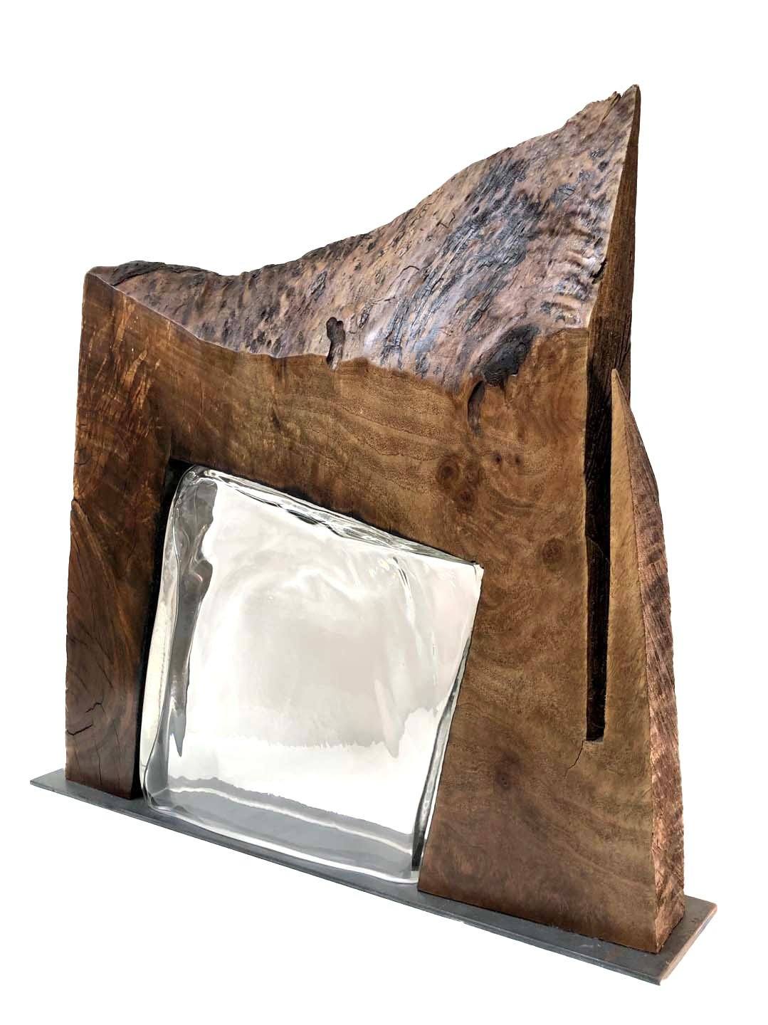 "Intersection" Live Edge Claro Walnut with Handblown Clear Glass Wood, Glass, Metal Base Scott Slagerman Glass 