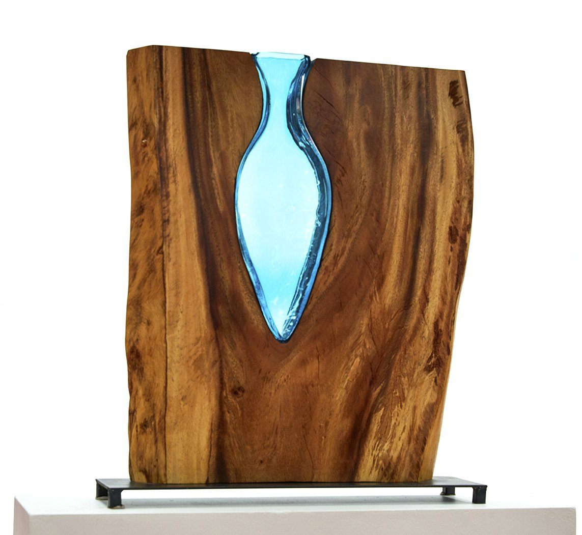 Large "Aqua Amphora" with Monkey Pod Wood Wood, Glass, Metal Base Scott Slagerman Glass 
