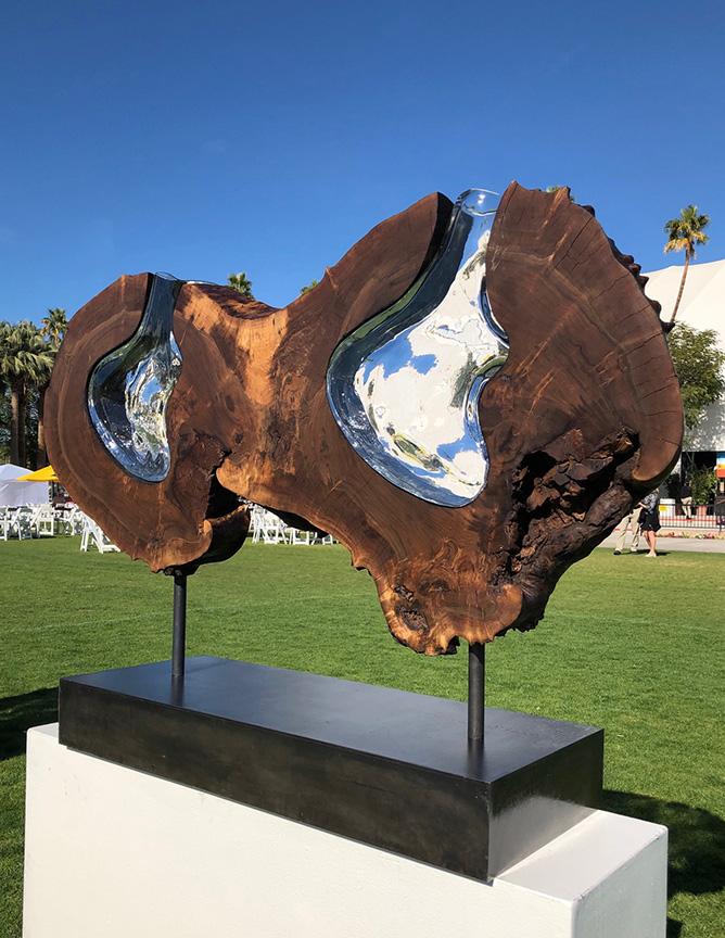 "Double Walnut Round" Live Edge Walnut Burl with Handblown Clear Glass Wood, Glass, Metal Base Scott Slagerman Glass 