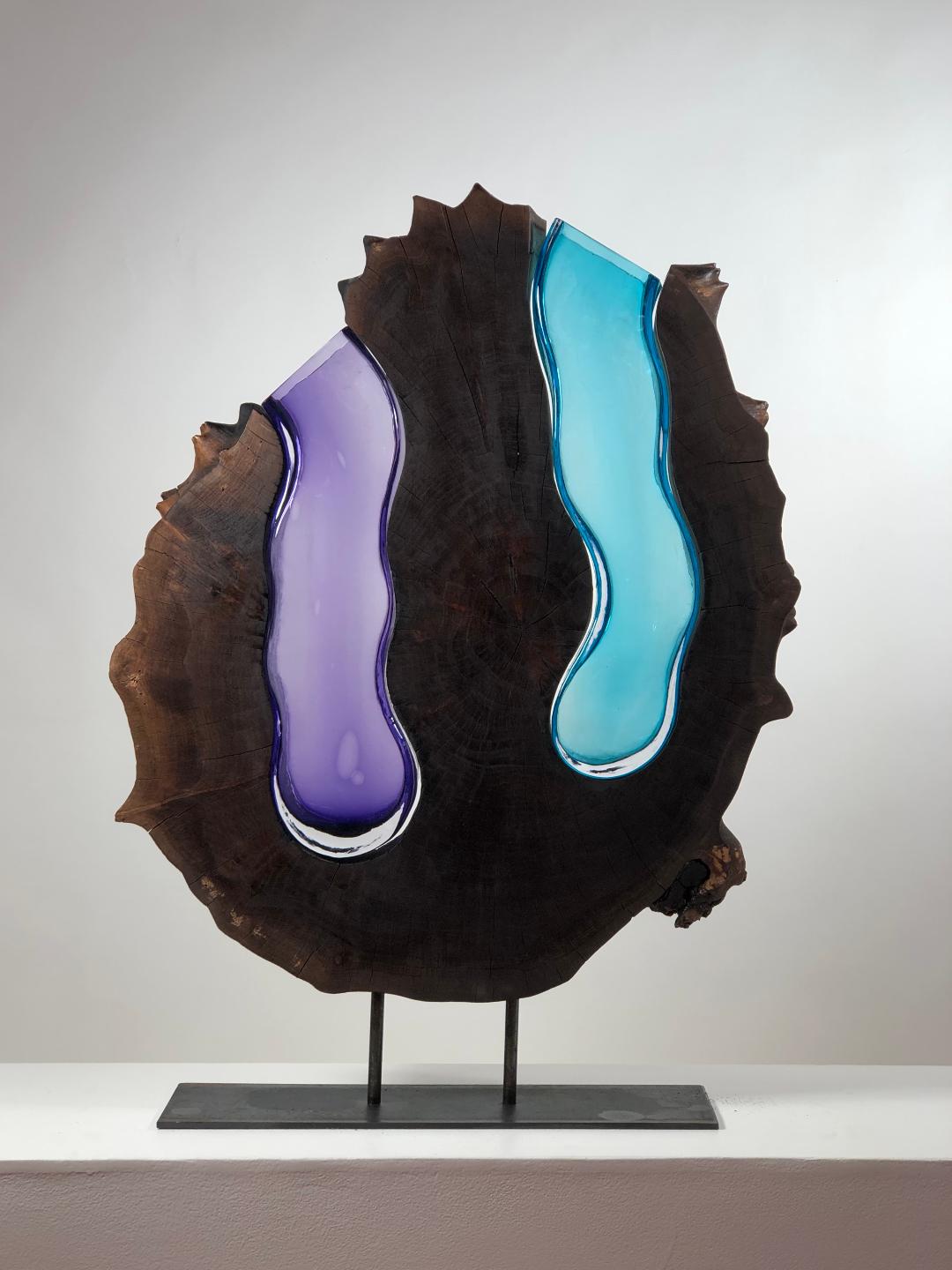Walnut Round With Handblown Amethyst and Aqua Glass