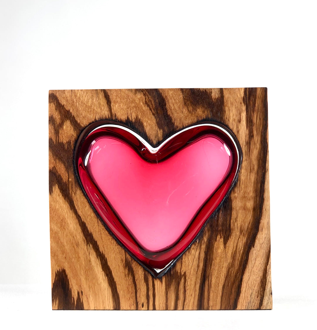 Zebra Wood Heart with Handblown Ruby Glass