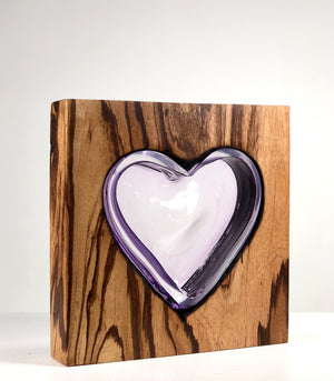Zebra Wood Heart with Handblown Amethyst Glass