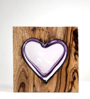 Zebra Wood Heart with Handblown Amethyst Glass