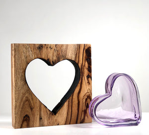 Zebra Wood Heart with Handblown Amethyst Glass