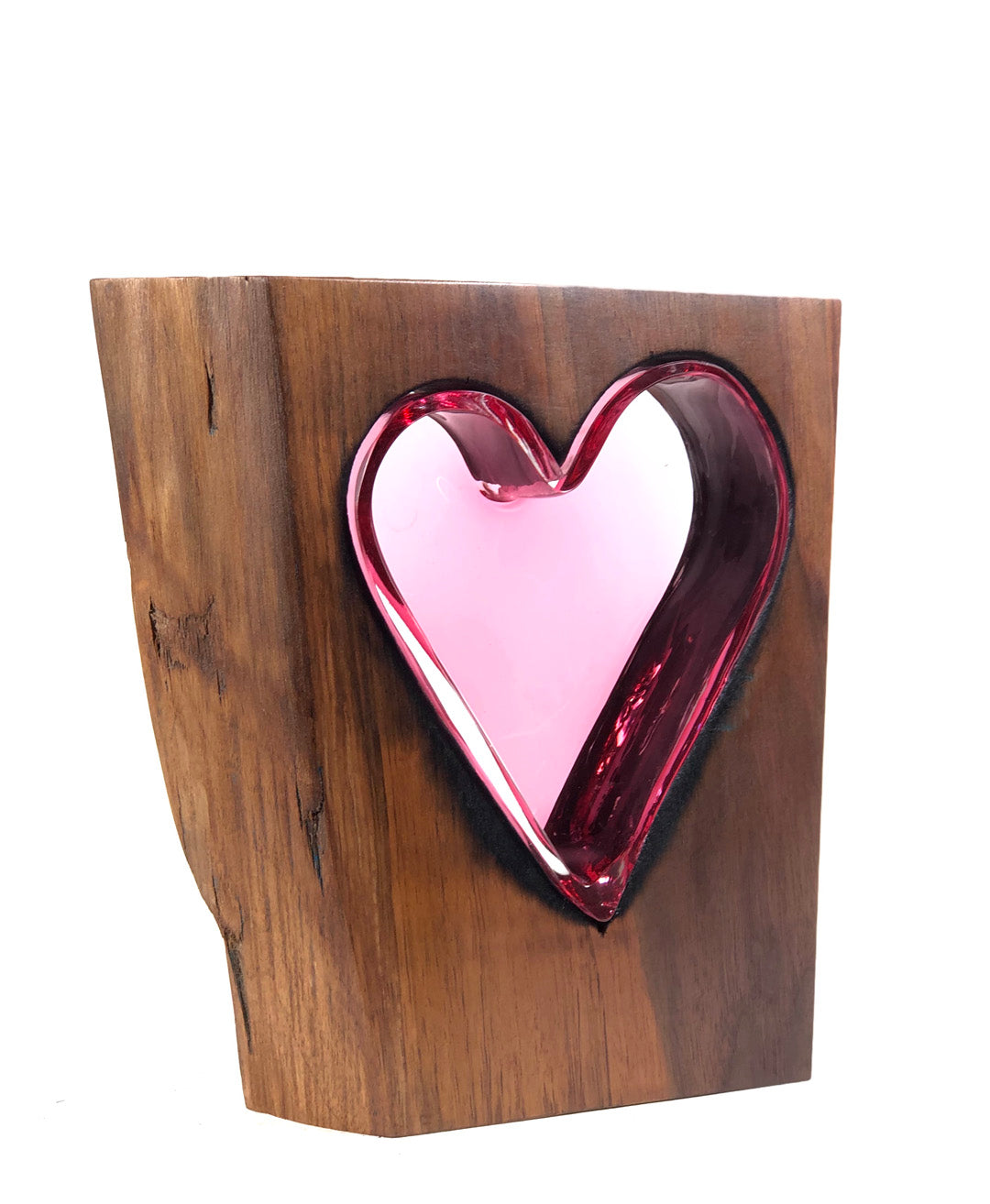 Live Edge "Walnut Wood" and Handblown Ruby Glass