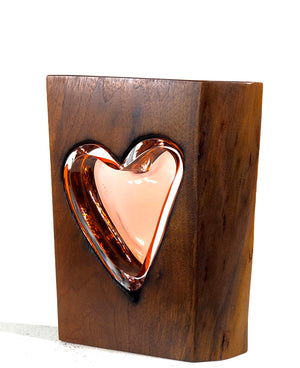 Live Edge "Walnut Wood" and Handblown Apricot Glass