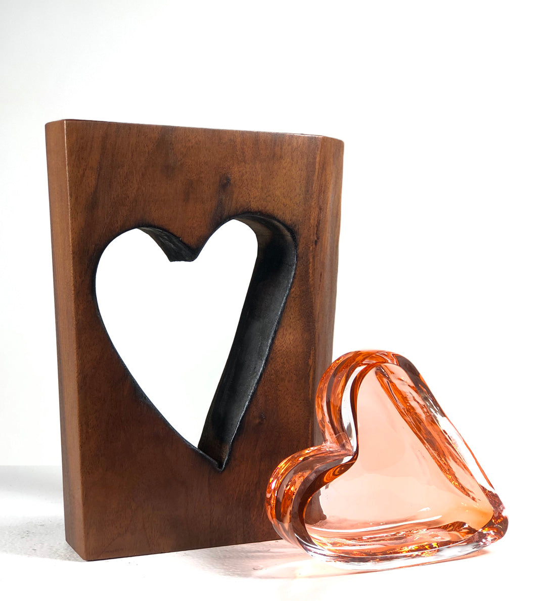 Live Edge "Walnut Wood" and Handblown Apricot Glass