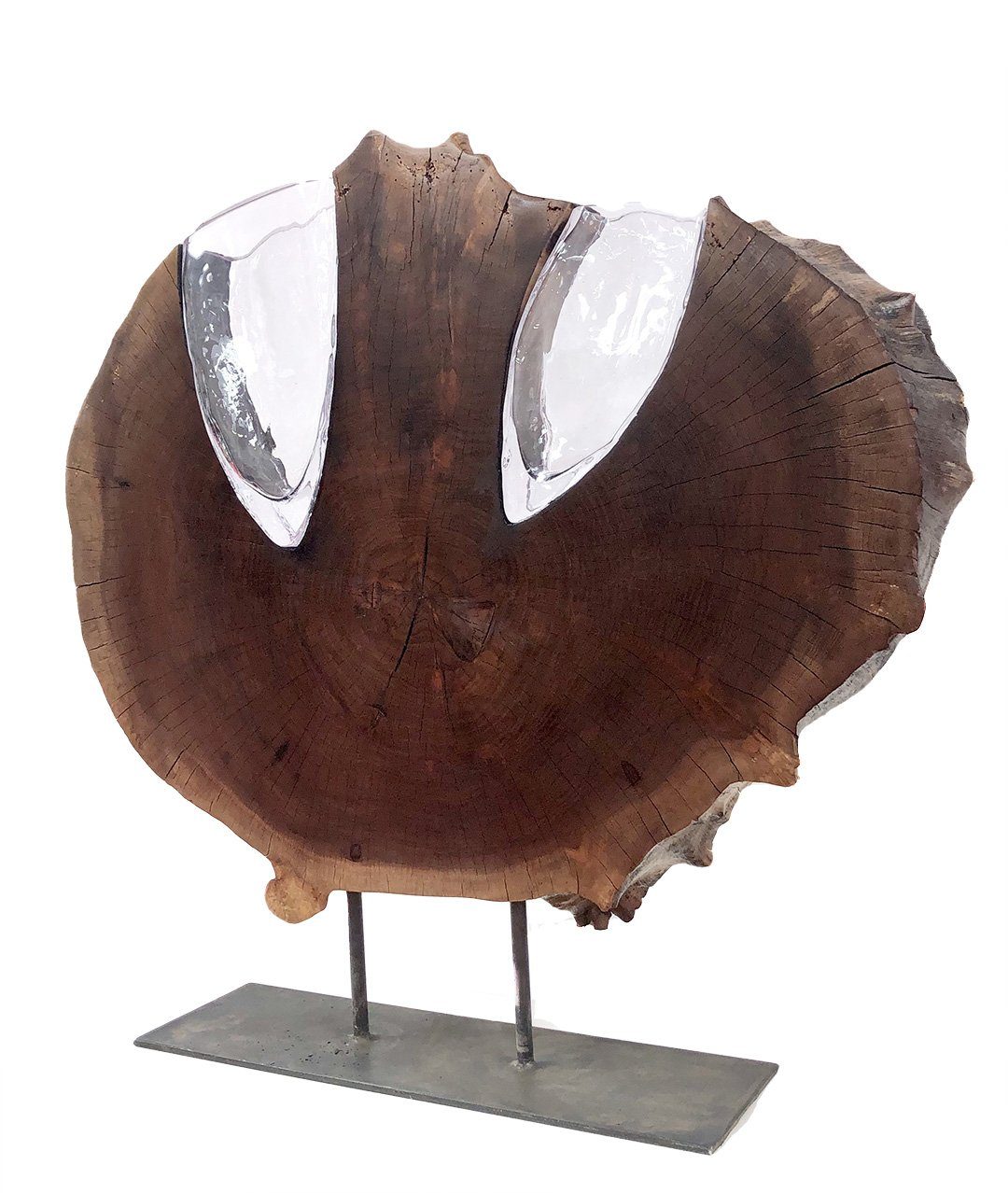 Walnut Round with Two Handblown Clear Vases "Slice" Wood, Glass, Metal Base Scott Slagerman Glass 