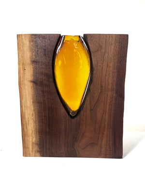 Handblown Topaz Glass with Live Edge Walnut