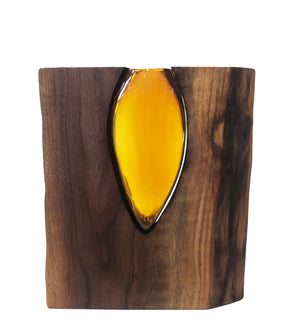 Handblown Topaz Glass with Live Edge Walnut