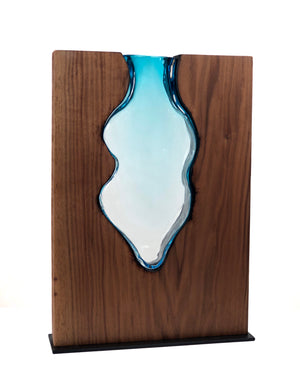 Clean Cut Walnut Wood with Handblown Aqua Glass "Amphora"