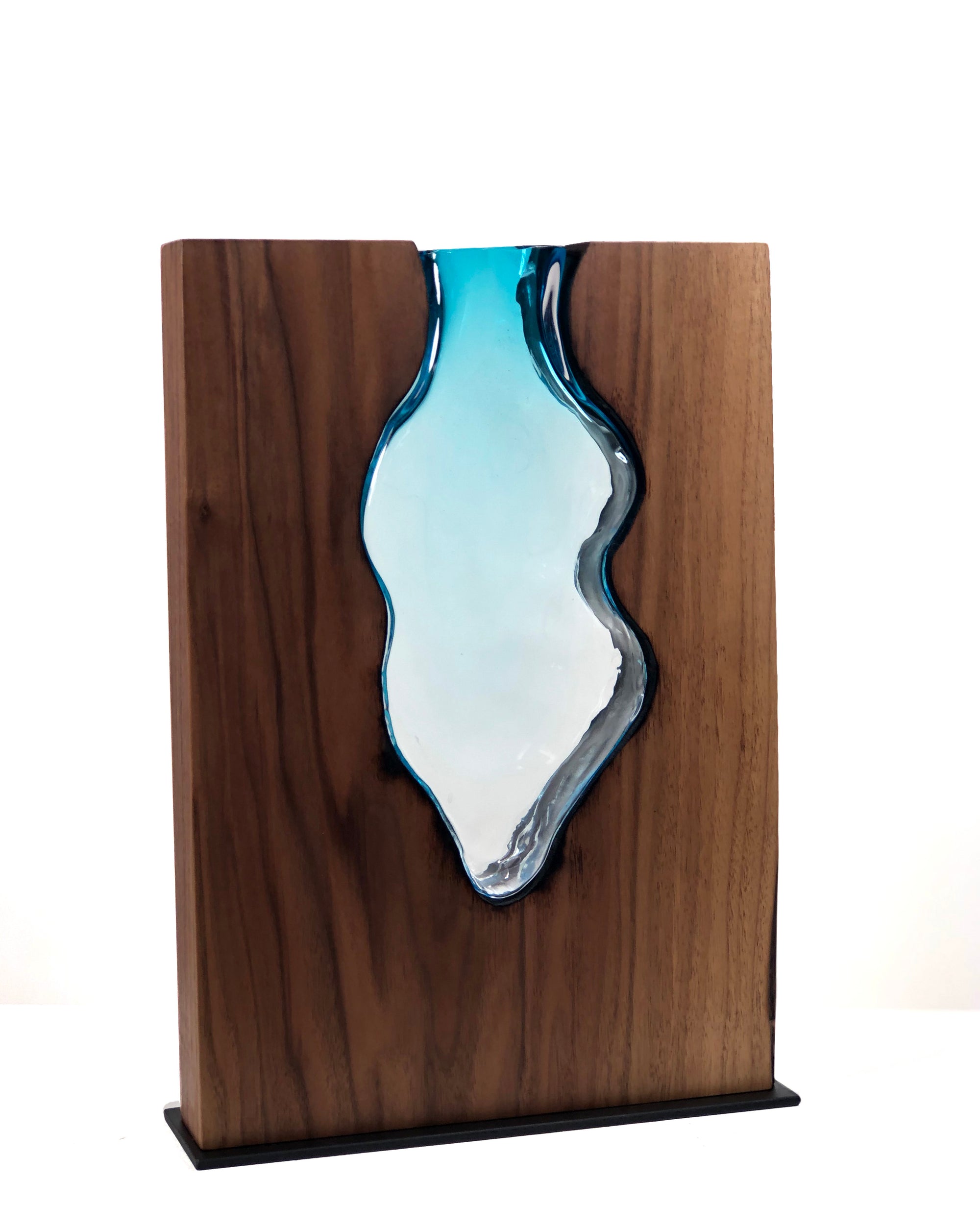 Clean Cut Walnut Wood with Handblown Aqua Glass "Amphora"