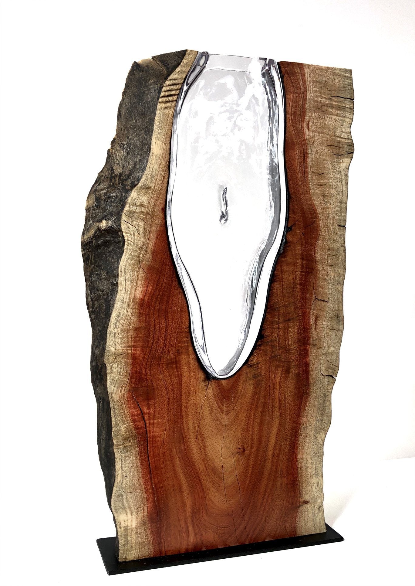 Live Edge Carob Wood with Handblown Clear Glass Wood, Glass, Metal Base Scott Slagerman Glass 