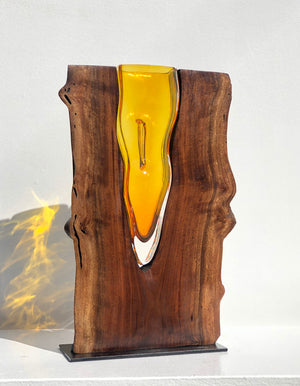 Handblown Topaz Glass with Live Edge Walnut Wood