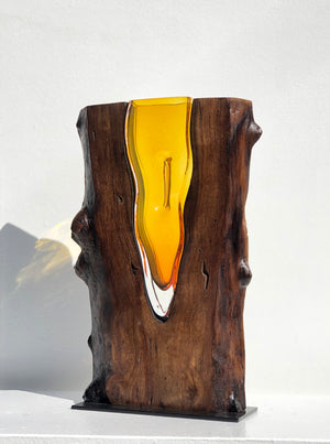 Handblown Topaz Glass with Live Edge Walnut Wood