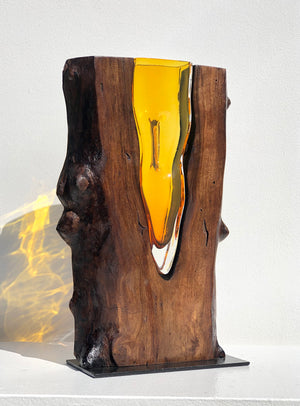 Handblown Topaz Glass with Live Edge Walnut Wood