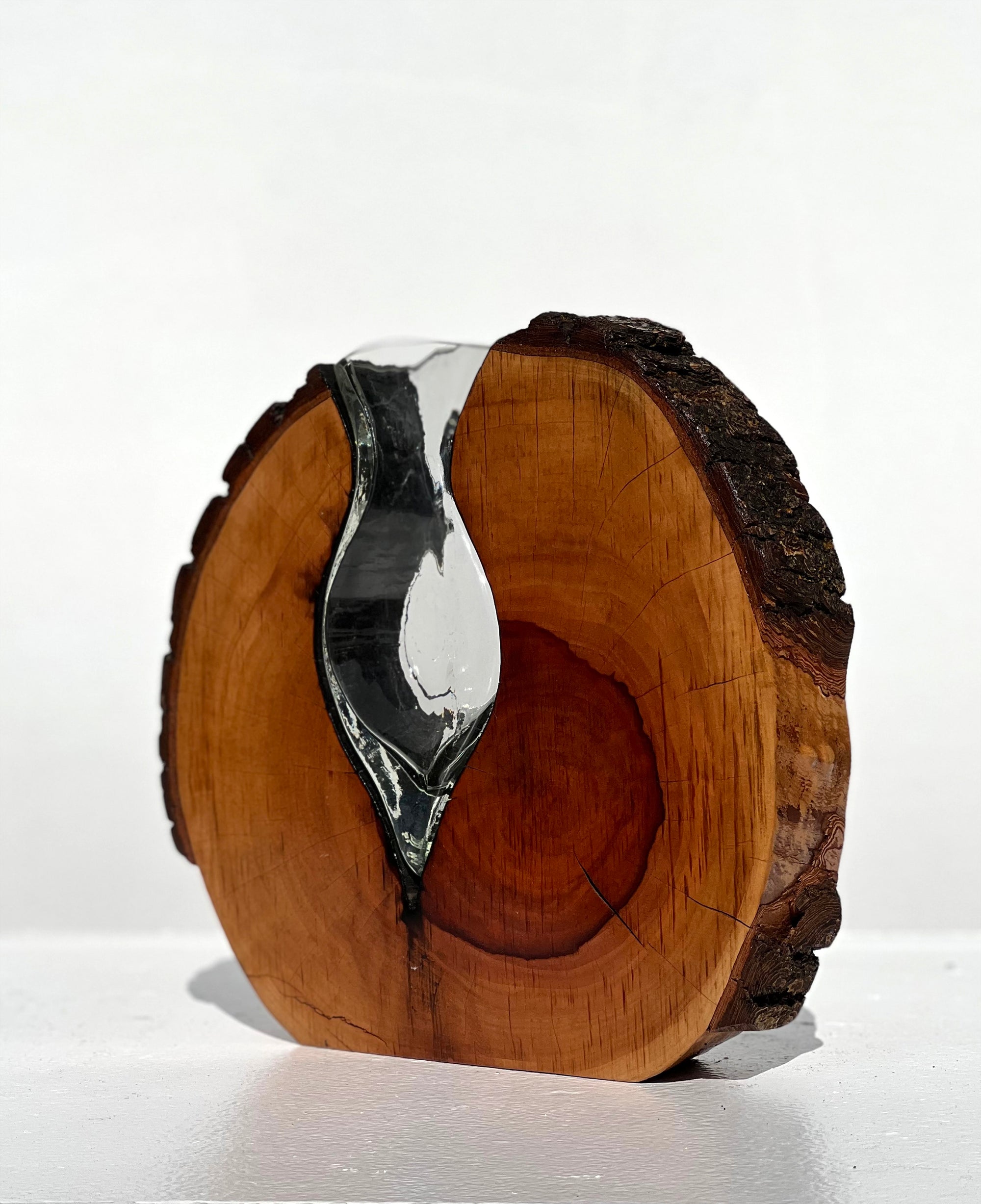 Walnut Round with Handblown Clear Glass Amphora