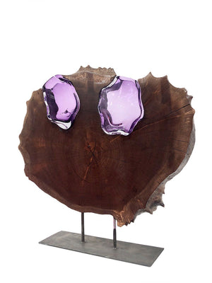 Claro Walnut Round with Two Amethyst Glass Flowers Wood, Glass, Metal Base Scott Slagerman Glass 
