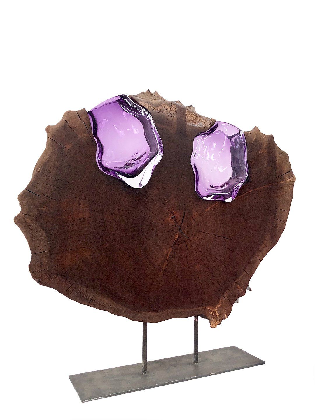 Claro Walnut Round with Two Amethyst Glass Flowers Wood, Glass, Metal Base Scott Slagerman Glass 