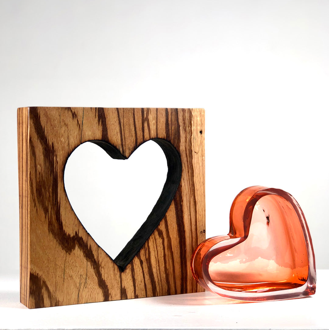 Zebra Wood Heart with Handblown Apricot Glass