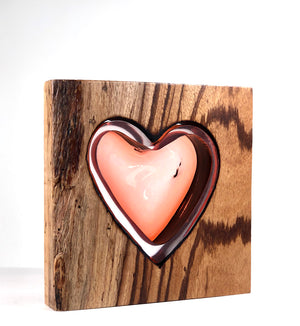 Zebra Wood Heart with Handblown Apricot Glass