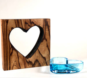 Zebra Wood Heart with Handblown Aqua Glass