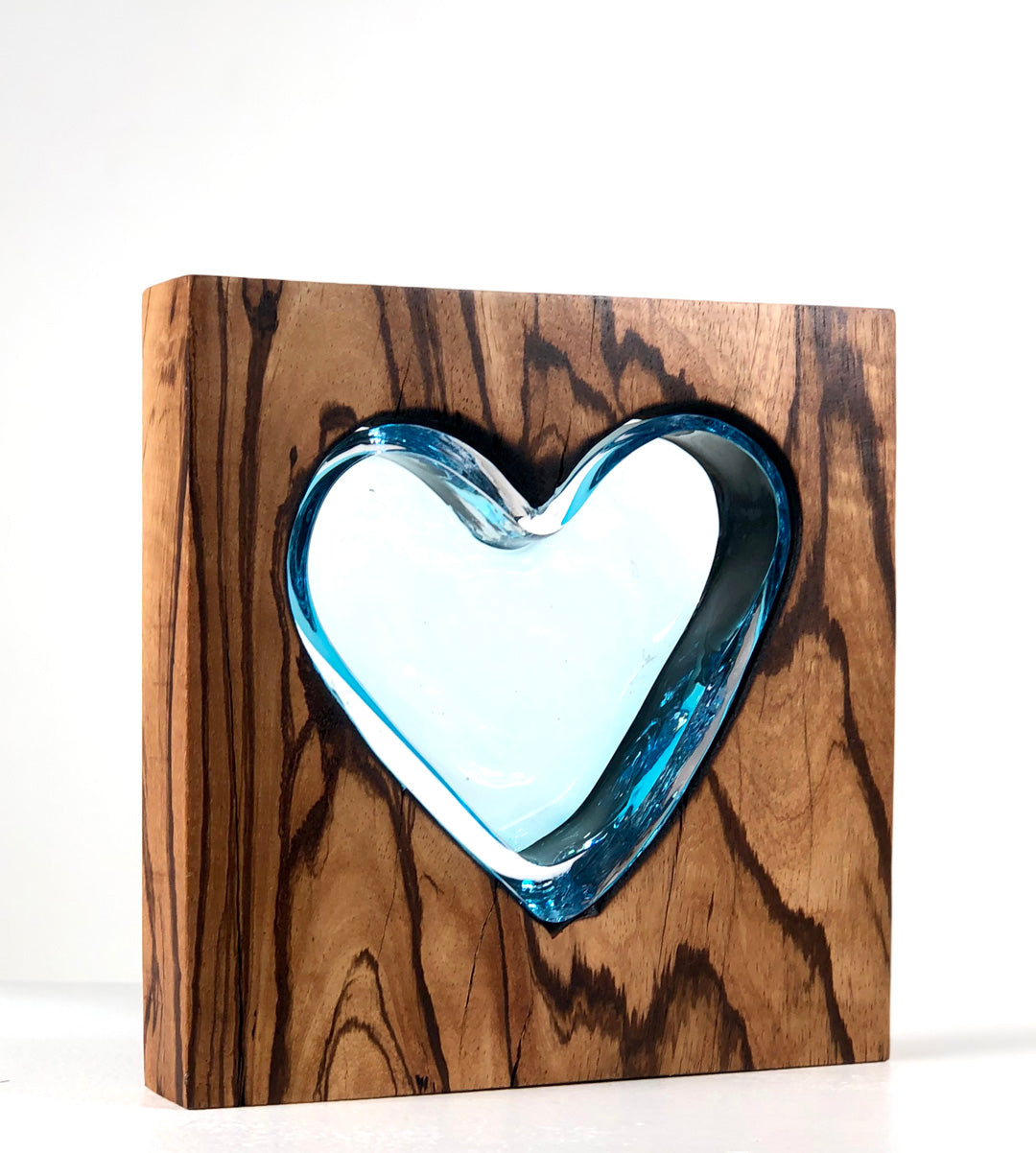 Zebra Wood Heart with Handblown Aqua Glass