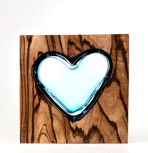 Zebra Wood Heart with Handblown Aqua Glass