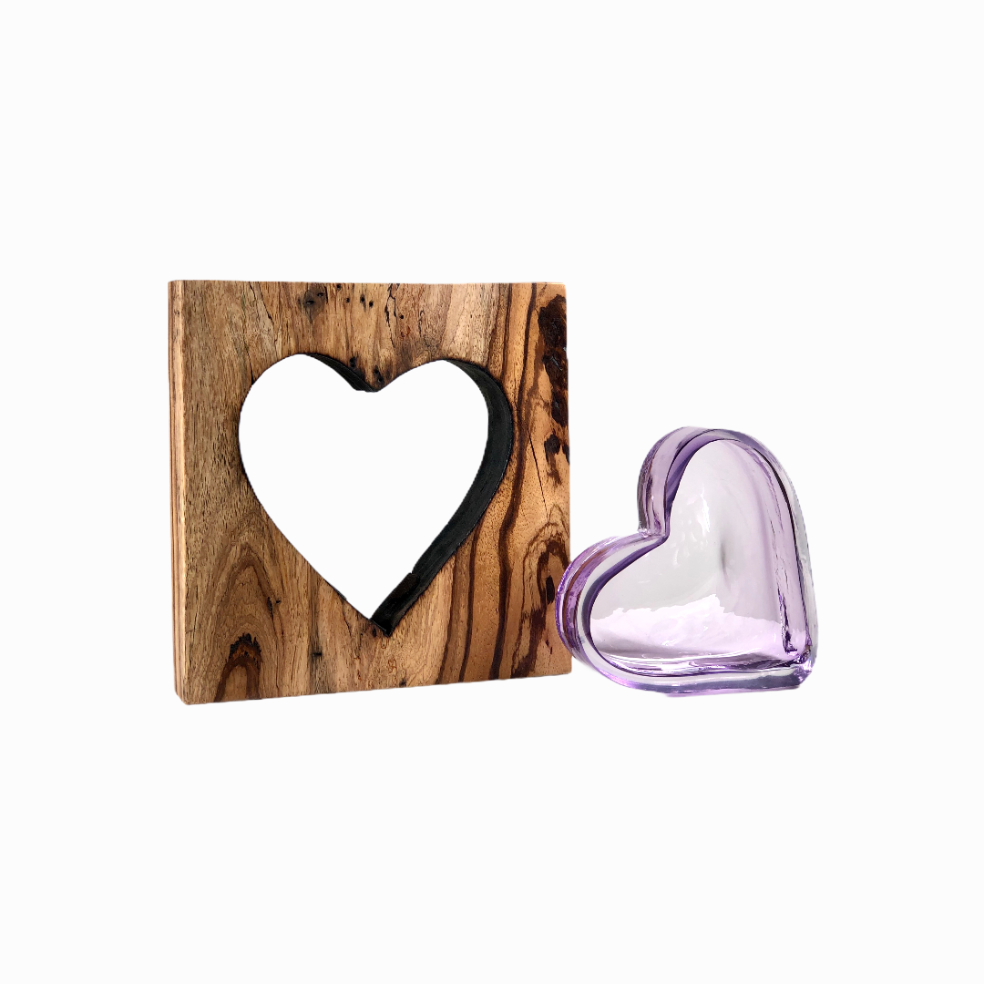 Zebra Wood Heart with Handblown Amethyst Glass - Scott Slagerman Glass