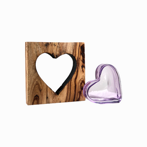 Zebra Wood Heart with Handblown Amethyst Glass